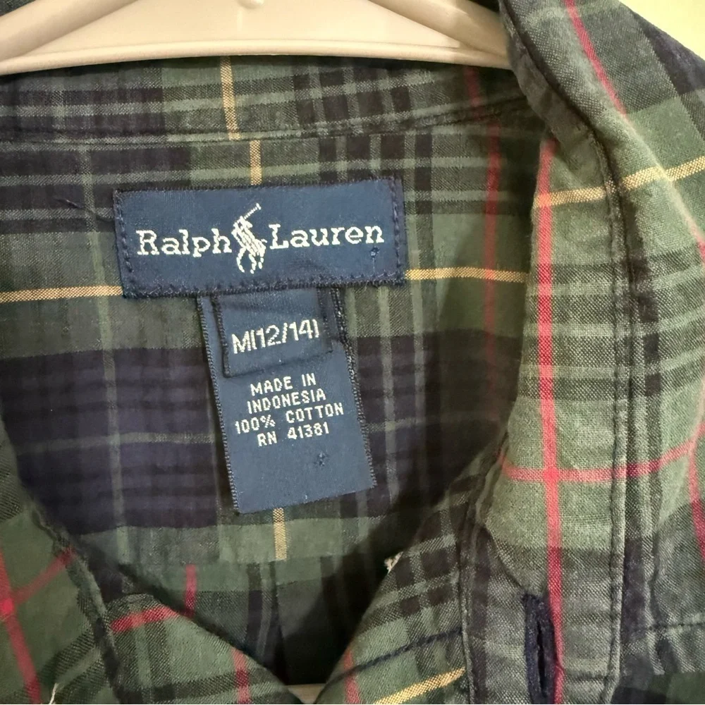 Ralph Lauren boys Plaid dress Shirt - Green and Blue cotton size‎ medium 12-14